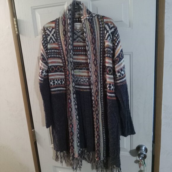 Adoba Women's Navy Fringe Hem Tribal Cardigan Sweater Size ML CESW2173 - Picture 1 of 4